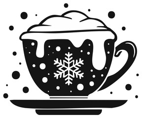 Winter Drink Illustration: Hot Cup with Snowflake and Cream, Black and White