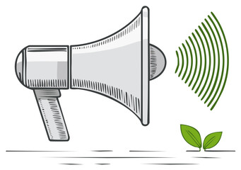 Megaphone emitting green sound waves and fresh leaves environmental awareness concept