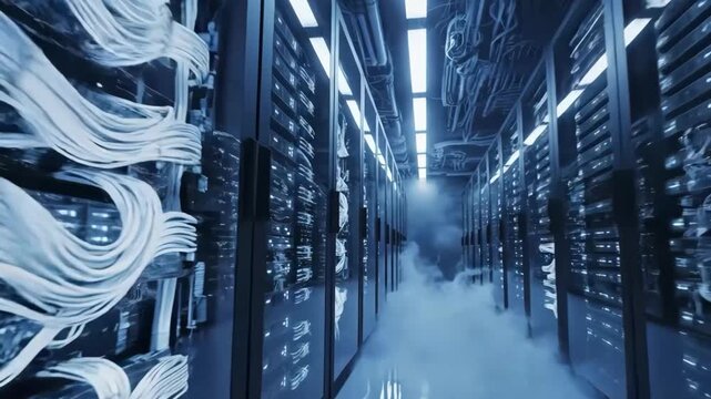 Interior view of a hightech server room with racks and blue lighting