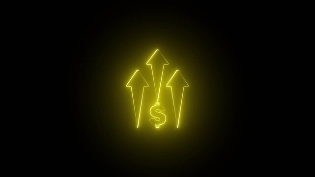 Bright neon business money investment money currency profit up arrow animation with bar, dollar sign and percentage icon on black background