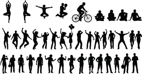 People activity silhouettes set, yoga fitness dancing jumping cycling meditation social lifestyle poses collection vector illustration black