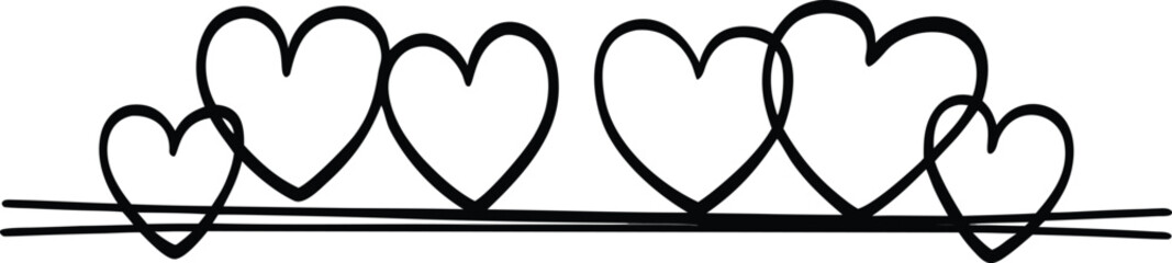 Continuous line drawing of hearts on a horizontal line, minimalist love concept.