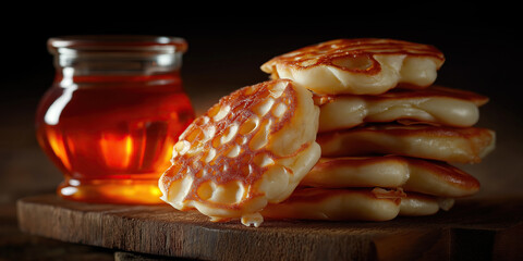 Stacked pancakes drizzled with golden honey beside warm amber tea beverage.