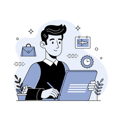 Naklejka premium Young male caucasian professional writing at desk with travel icon and plant in modern workspace