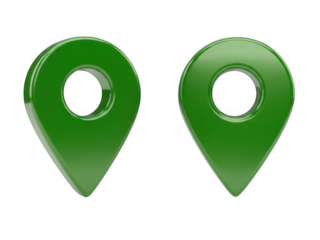 Green map pins with glossy finish isolated on transparent background
