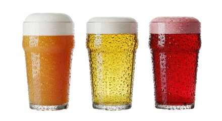 Three icy cold, highly detailed craft beer pints (hazy ipa, lager, sour) heavily condensed and backlit on a reflective white surface, studio product photography concept for beverage advertising