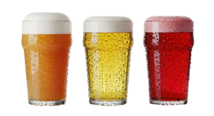 Three icy cold, highly detailed craft beer pints (hazy ipa, lager, sour) heavily condensed and backlit on a reflective white surface, studio product photography concept for beverage advertising