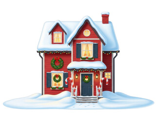 Red christmas house with snow isolated on transparent background