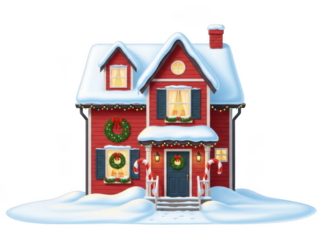 Red christmas house with snow isolated on transparent background