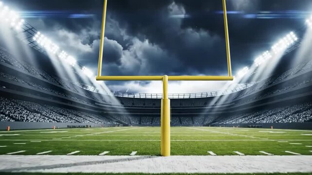 American football stadium goalposts under stormy night sky with bright lights
