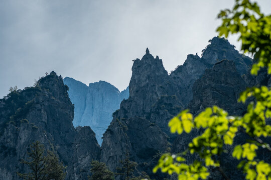 Jagged cliffs and alpine peaks in Gesaeuse National Park summer landscape