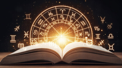 Stars align as book opens to reveal symbols of zodiac signs in illuminated design in a dark setting to engage viewers with astrology