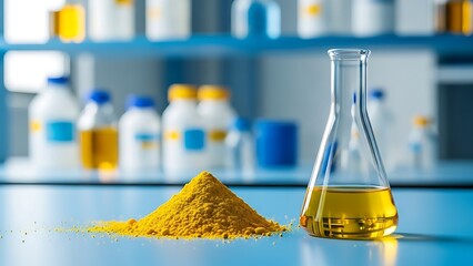 Laboratory research setup with yellow powder and liquid samples in glass containers