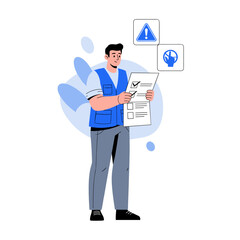 Young caucasian male holding checklist with safety icons and blue vest