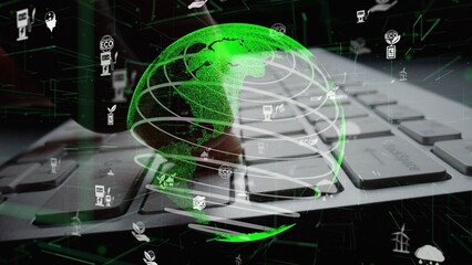 Eye-catching visual of a glowing green globe interspersed with eco-friendly icons overlaid on a computer keyboard, highlighting technology role in sustainability and environmental awareness. Xenic