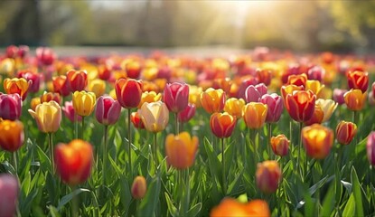 Spring Tulip Field – Colorful Bloom of Red, Yellow, Orange, Pink, and White Flowers in Sunlit Setting