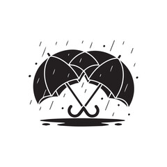 Two black umbrellas in heavy rain with raindrops falling