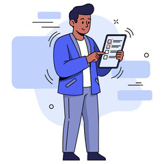 Asian male adult reviewing checklist on tablet in blue jacket