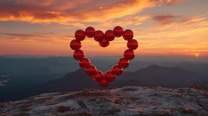 Romantic Balloon Heart &ndash; Sunset Mountain View with Red Balloons and Symbolic Love Composition