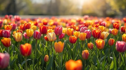 Spring Tulip Field &ndash; Colorful Bloom of Red, Yellow, Orange, Pink, and White Flowers in Sunlit Setting