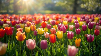 Spring Tulip Field &ndash; Colorful Bloom of Red, Yellow, Orange, Pink, and White Flowers in Sunlit Setting