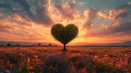Heart-Shaped Tree Landscape &ndash; Sunset Wildflower Field with Romantic Nature and Golden Sky Glow