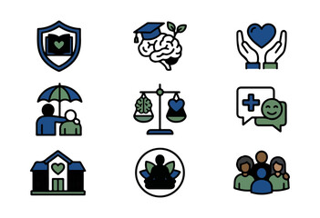 Health and wellness icon set on black background