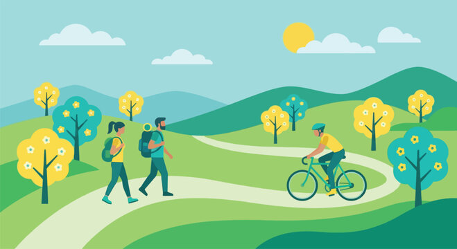 Active people enjoying outdoor activities in nature with couple hiking on trail and cyclist riding bike on winding road through green hills and sunny summer scenery.