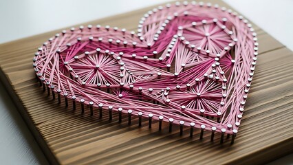 Handmade Pink String Art Heart On Rustic Wooden Plank Craft Project Love.