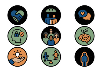 Icon set illustrating cooperation community support ideas protection