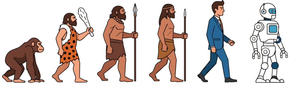 Human evolution scale from ape and caveman to modern businessman and futuristic robot on a white background