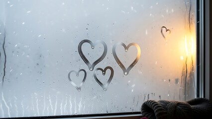 Hand Drawing Hearts In Condensation On Steamy Window Pane Love Romance Concept.