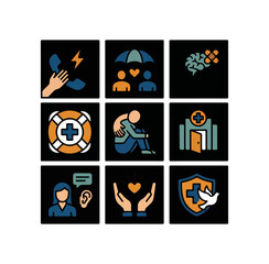 Mental health and well being icons depicting care and support on black backdrop