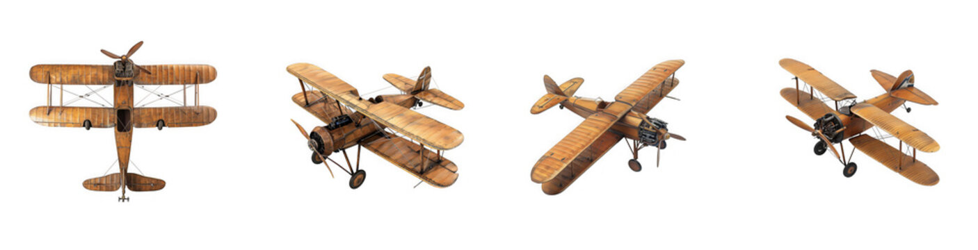 Four wooden biplane models in different perspectives are displayed perfect for design projects on transparent background
