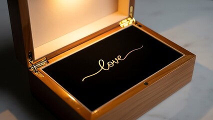Open Wooden Jewelry Gift Box with 'Love' Inscription on Black Velvet Interior.