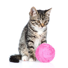 Adorable Tabby Kitten Playing with Bright Pink Yarn Ball on White Background