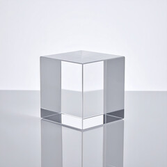 Minimalist Clear Acrylic Cube Pedestal on Reflective White Surface
