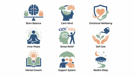 Mental wellness icons representing emotional wellbeing and stress relief