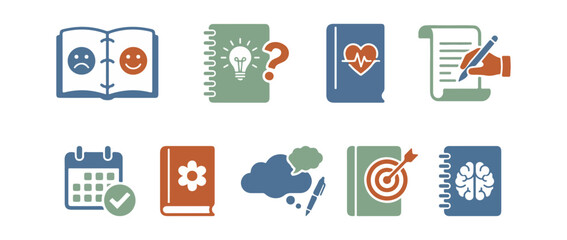 Set of colorful icons representing various concepts and ideas on black background