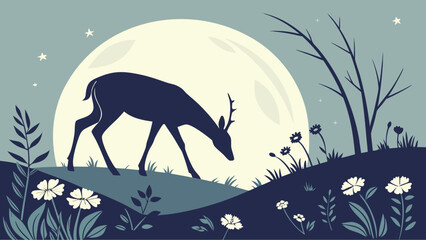 Deer grazing under a full moon in a serene natural landscape