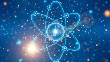 A glowing atomic structure visualized against a deep blue cosmic background