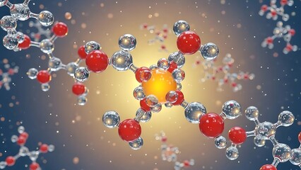 Molecular structure of water and a central glowing orange element