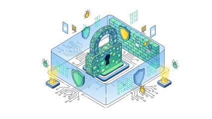An isometric illustration of a green archway in a futuristic digital cube with glowing screens and circuit boards
