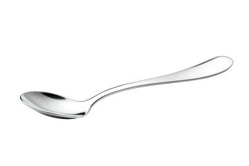 A sleek. shiny stainless steel spoon elegantly placed on a clean. white surface. its smooth curves and reflective quality. ideal for culinary or dining-related visuals