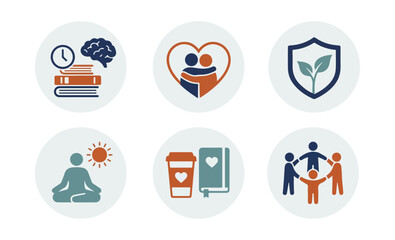 Set of icons illustrating concepts of wellness education and community support