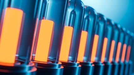 A row of cylindrical tubes glowing with bright orange and blue light