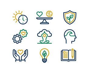 Set of illustrative icons representing well being and life balance