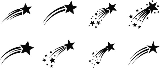 Shooting star silhouette icons set illustration, falling meteor trail symbols, black white vector collection, celestial night sky graphic pack
