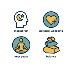 Sleep and mental wellbeing icons set for health and wellness concepts