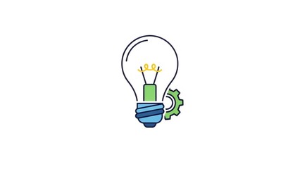 A colorful cartoon light bulb with a gear on a white background